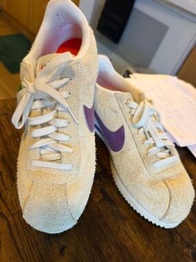 Nike Women's Cream Suede Sneakers with Purple Swoosh